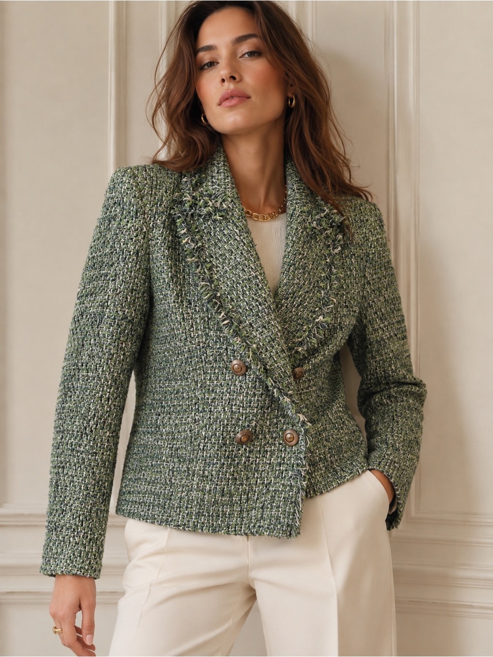 Zara Light Green Tweed Double-Breasted Cropped Blazer
